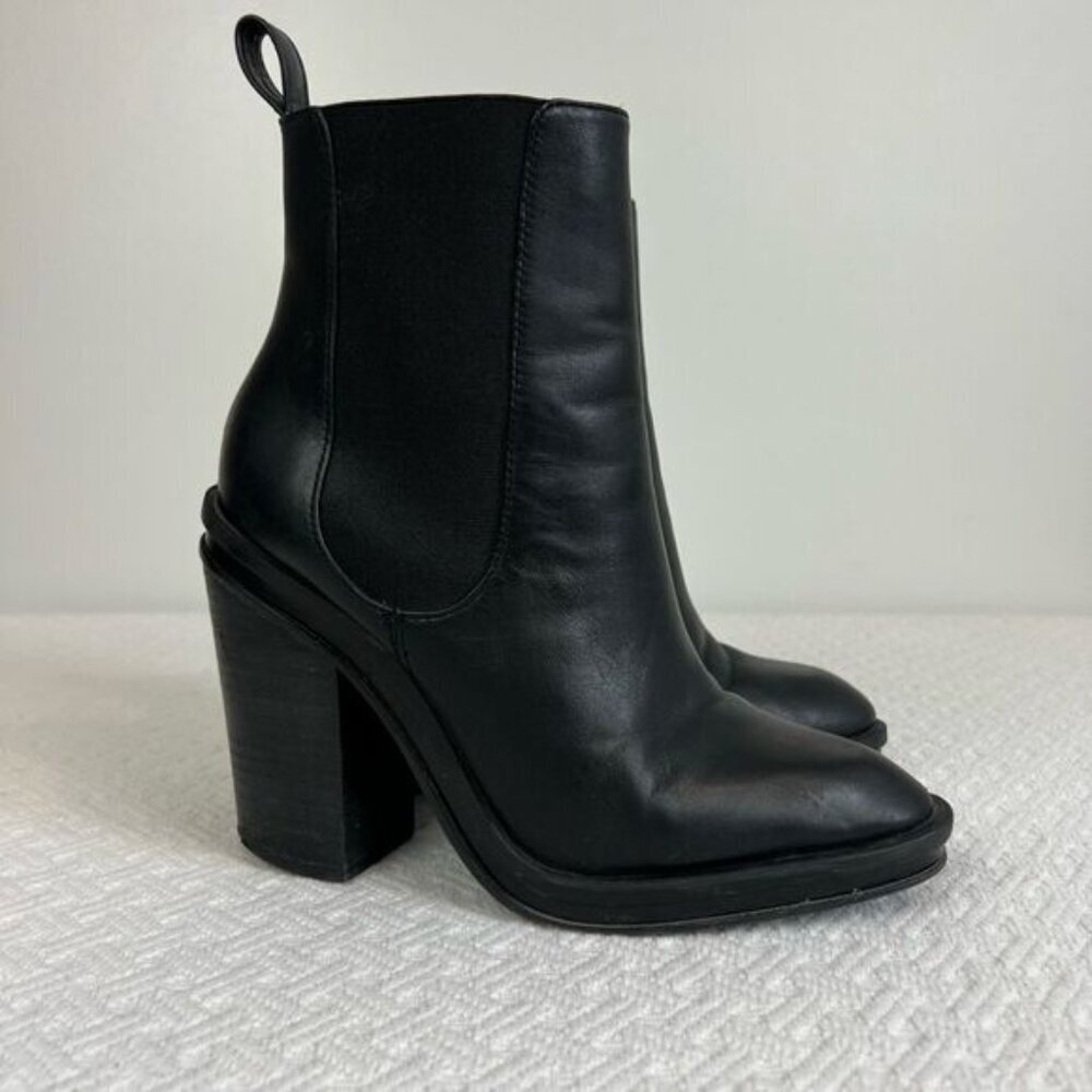 Aldo Womens 7.5 Black Leather Platform Heeled Bootie Western Chunky